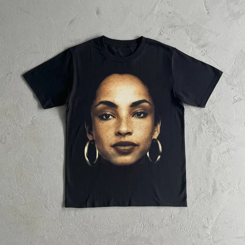 Sade Adu Graphic Tee - Black Short Sleeve Crewneck Shirt with Graphic Design