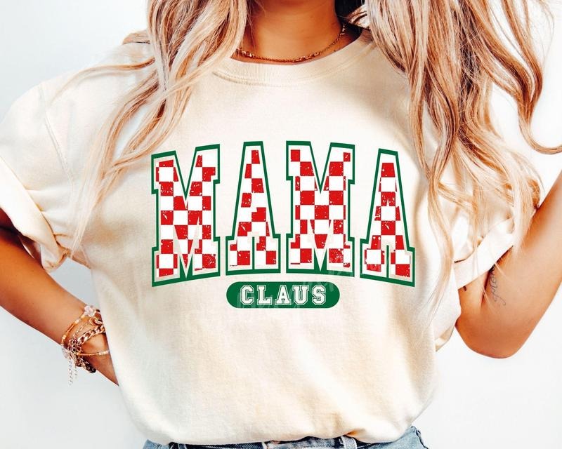 [Sale To 45% Off] Mama Claus T-Shirt, Retro Checkered Christmas Mama Shirt, Distressed Checker, Merry Mama Shirt, Gift...