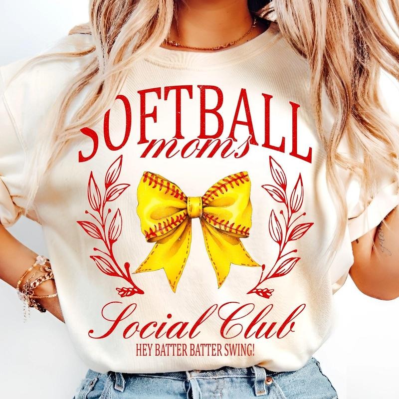 [Sale To 45% Off] Softball Mom Social Club T-Shirt, Coquette Bow Retro Watercolor Softball T-Shirt, Game Day Sidelines...