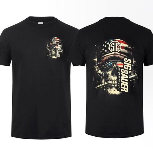 [Sale Up To 60%] Sig Sauer American Skull Flag 2 Sided T-shirt Unisex Short Sleeve Casual 100% Cotton Top Menswear...