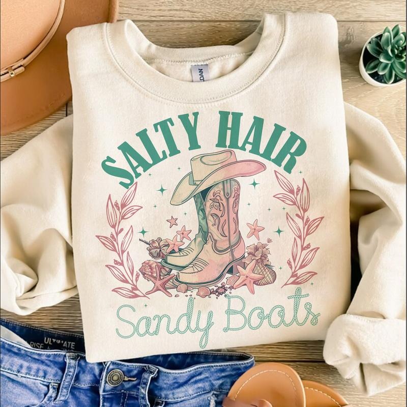 Salty Hair Sandy Boots Sweatshirt, Western Summer Sweatshirt, Retro Summer Shirt, Trendy Summer Shirt Hoodie | WearSparks.com