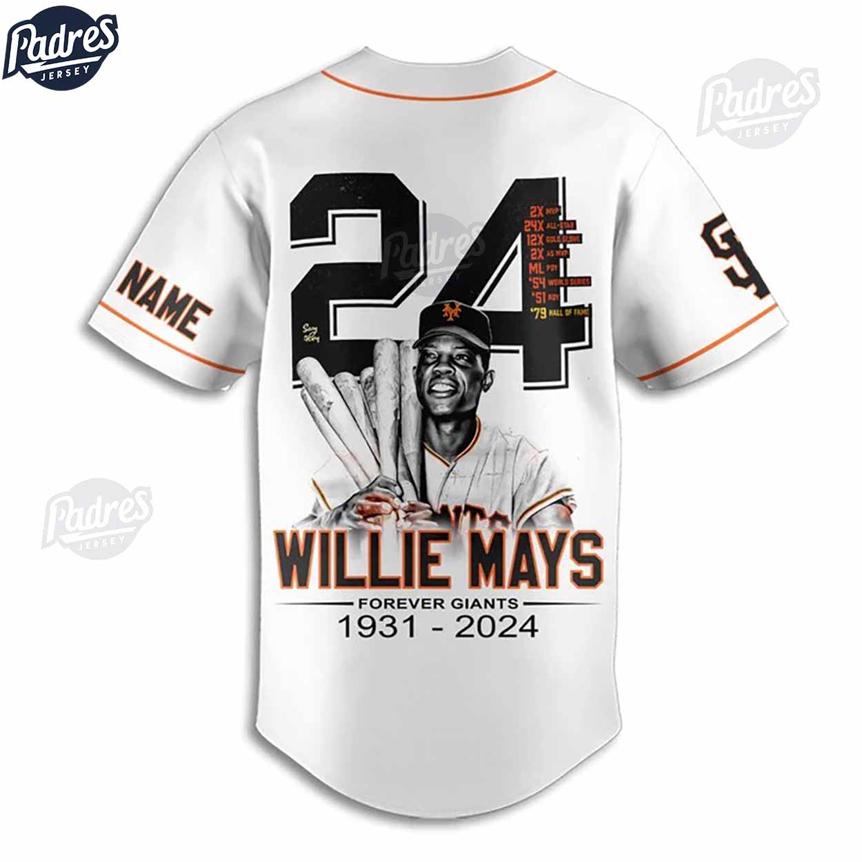 San Francisco Giants Willie Mays Custom Baseball Jersey Style - Padres Jersey Oasis: Elevate Your Baseball... (Image 2)