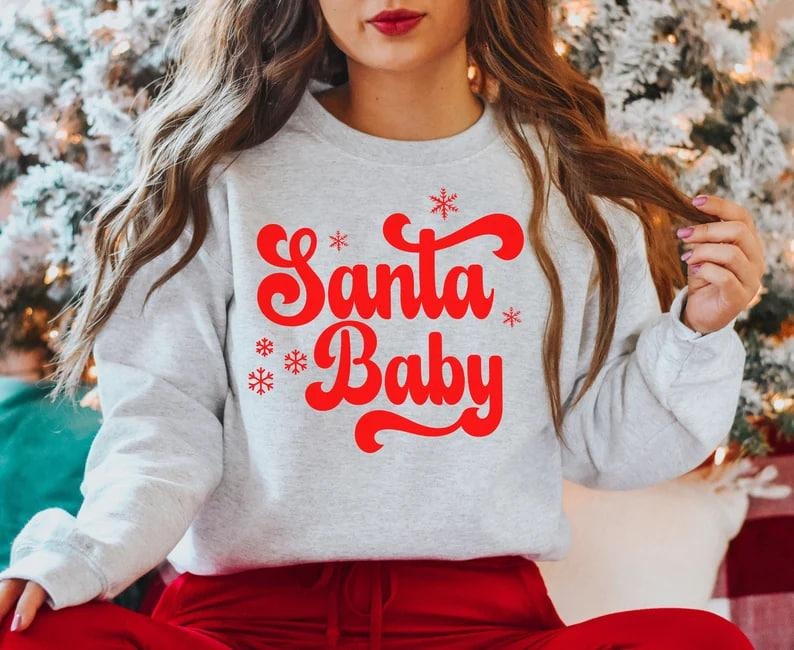 Santa Baby Christmas Pregnancy Announcement Sweatshirt, XMas Maternity Sweater, Holiday Gender Reveal Outfit Winter Baby...