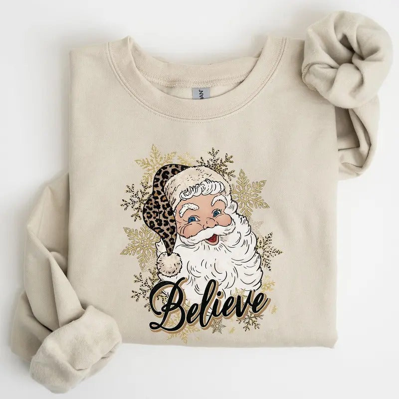 Santa Believe, Retro, Snowflakes, Christmas, Winter, Snow, Xmas Sweatshirt, Women's Crew Neck, Crewneck T-Shirts, Hoodie
