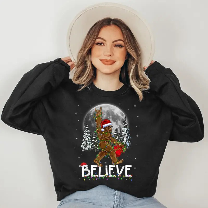 Santa Bigfoot Christmas Lights Funny Sasquatch Believe Xmas Sweatshirt T-Shirts, Hoodie | WearSparks.com
