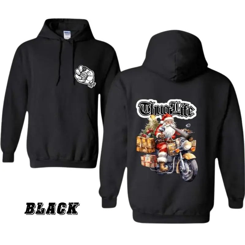 Santa Biker Hoodie, Thug Life Christmas Design with Santa on Motorcycle, Festive and Edgy Holiday Apparel, Cozy Unisex...