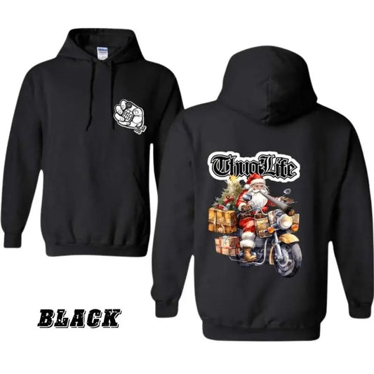 Santa Biker Hoodie, Thug Life Christmas Design with Santa on Motorcycle, Festive and Edgy Holiday Apparel, Cozy Unisex...