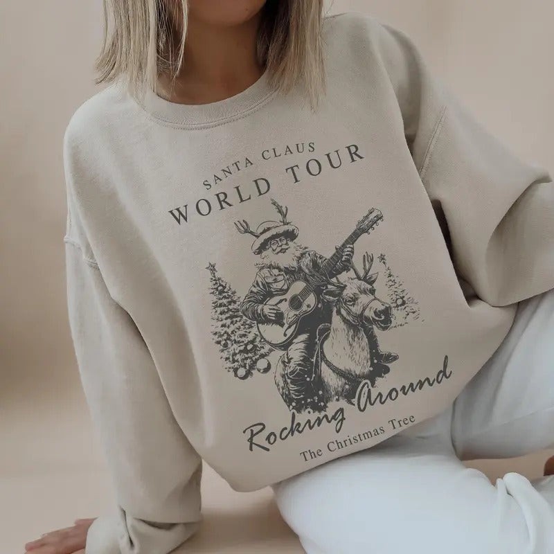 Santa Claus World Tour, Rocking Around, Christmas Tree, Western, Cowboy Sweatshirt, Crew Neck, Women's, Crewneck...
