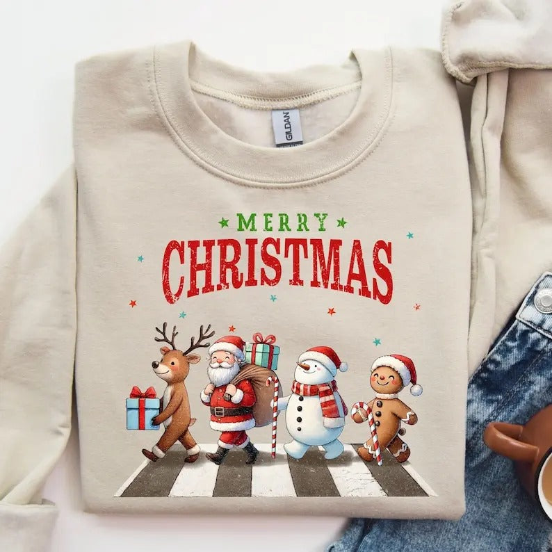Santa Claus and Reindeer Road Sweatshirt, Merry Christmas Sweater, Reindeer and Santa Walking Sweatshirt, Cute Holiday...