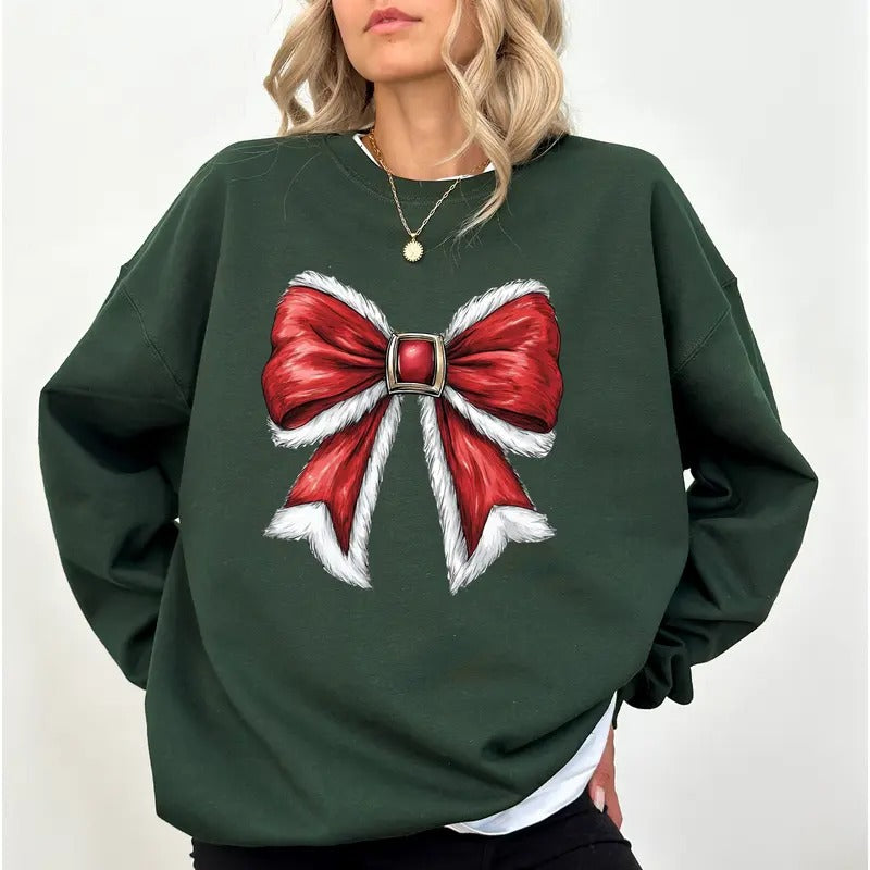 Santa Coquette Bow Sweatshirt, Girly Christmas Coquette Bow Crewneck, Cute Santa Claus Bow Crewneck for Girls, Christmas...