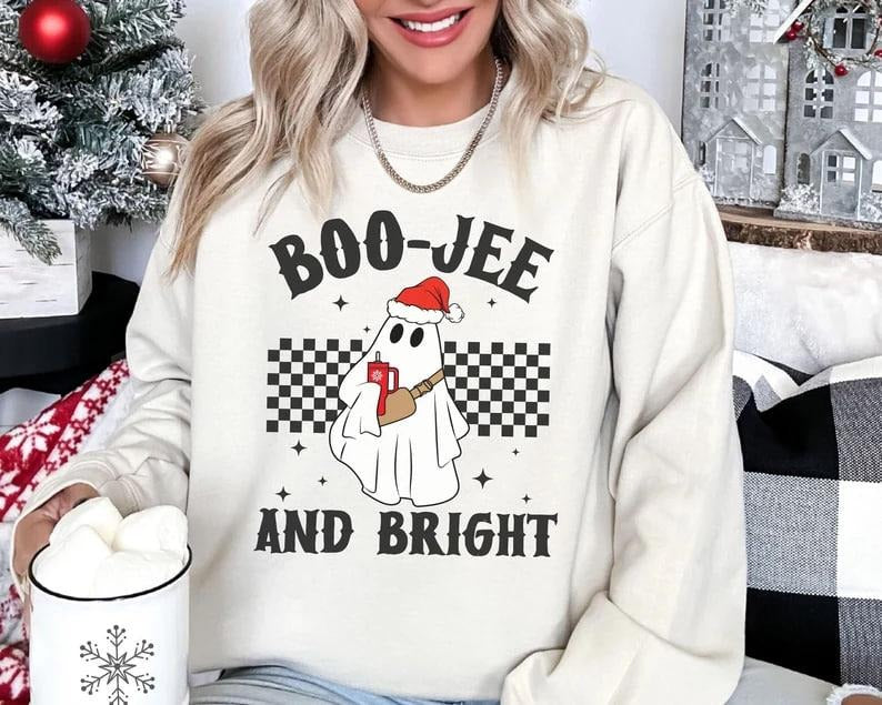 Santa Ghost Boo Jee and Bright Sweatshirt, Cute Christmas Ghost Crewneck, Spooky Holiday Sweater, Funny Xmas Shirt, Retro...