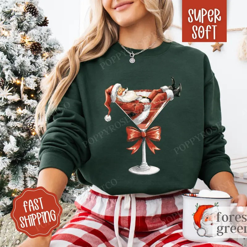 Santa Martini Sweatshirt, Merry Christmas Sweater, Women's Holiday Crewneck T-Shirts, Hoodie | WearSparks.com