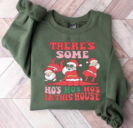 Santa There'S Some Ho'S In This House Tee, Funny Christmas Shirt, Rude Santa Christmas Holiday Hoodie and Sweater;...