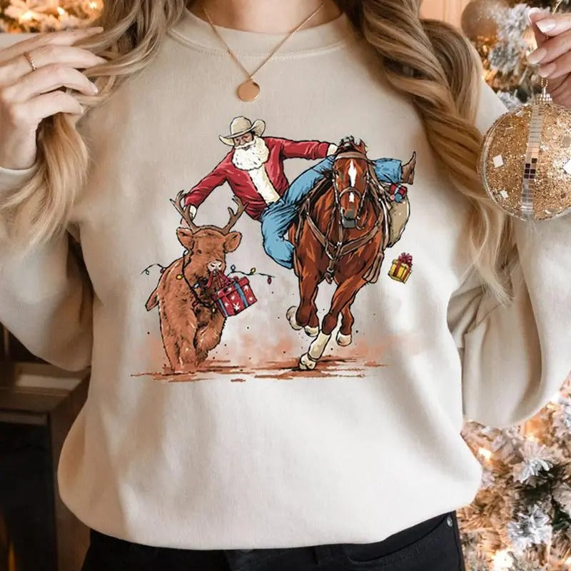 Santa bulldogging T-Shirt - Christmas Sweatshirt Hoodie For Men Forr Women | WearSparks.com