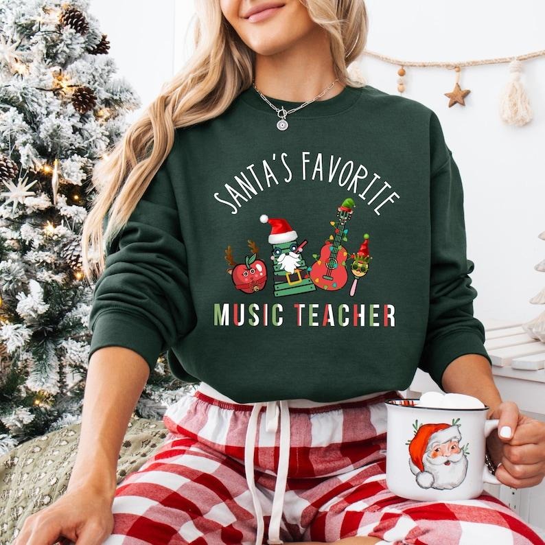 Santa's Favorite Music Teacher Shirt, Holly Jolly Music Teacher Christmas T-shirt, Music Lover Gift, Fa La Music...