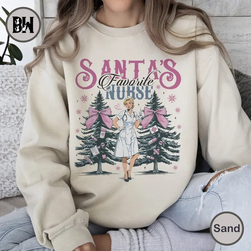 Santa's Favorite Nurse Sweatshirt, Christmas Nurse Gift, Funny Nurse Sweater, Merry Christmas Nurse Party Tee, Nurse Life...