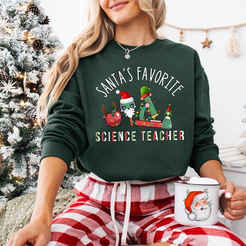 Santa's Favorite Science Teacher Shirt, Science Christmas T-shirt, Scientist Sweatshirt, Lab Tech Xmas Gift, Science...