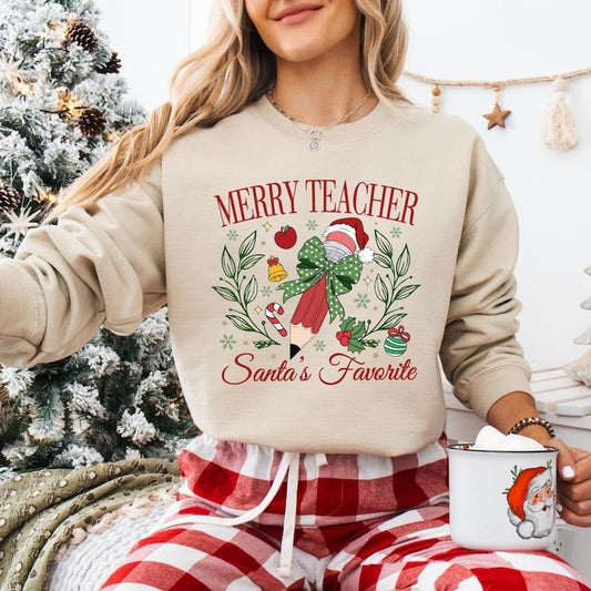 Santa's Favorite Teacher Sweatshirt, Very Merry Teacher T-shirt, Coquette Bow Teacher Christmas Tee, Christmas Teacher...