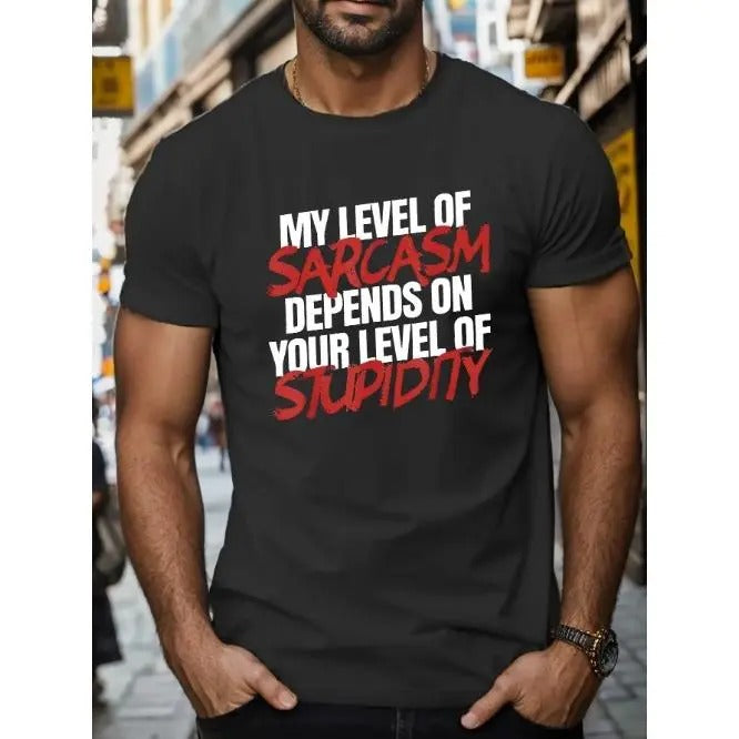 Sarcasm Print Men's Short Sleeve T-shirts, Comfy Casual Breathable Tops For Men's Fitness Training, Jogging, Outdoor...