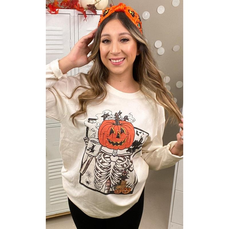 Scary Skeleton Boyfriend Long Sleeve Graphic T-Shirt Hoodie, Sweatshirt | WearSparks.com
