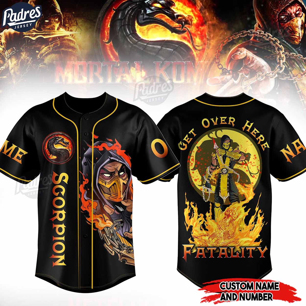 Scorpion Get Over Here Fatality Mortal Kombat Baseball Jersey - Padres Jersey Oasis: Elevate Your Baseball... (Image 1)