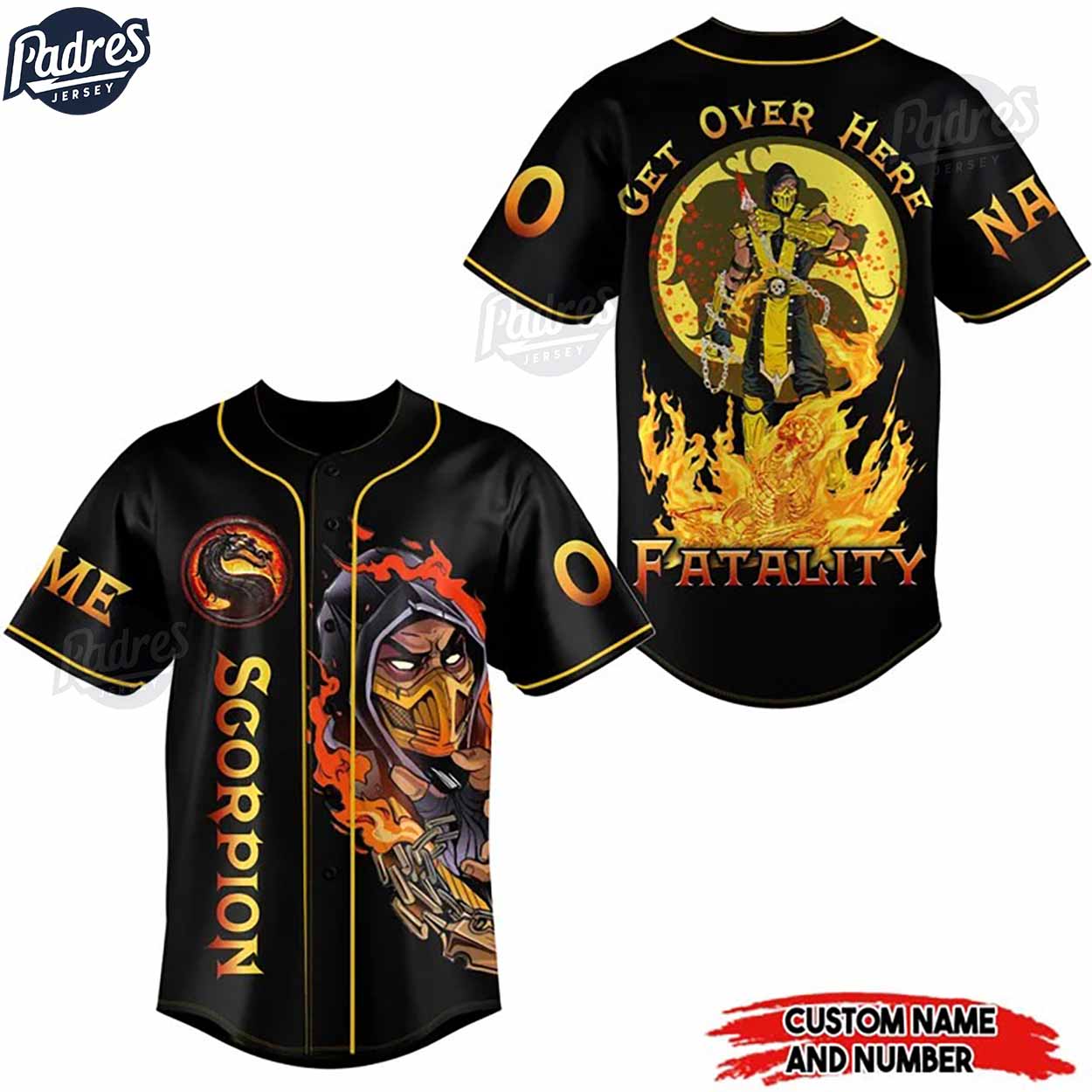 Scorpion Get Over Here Fatality Mortal Kombat Baseball Jersey - Padres Jersey Oasis: Elevate Your Baseball... (Image 2)