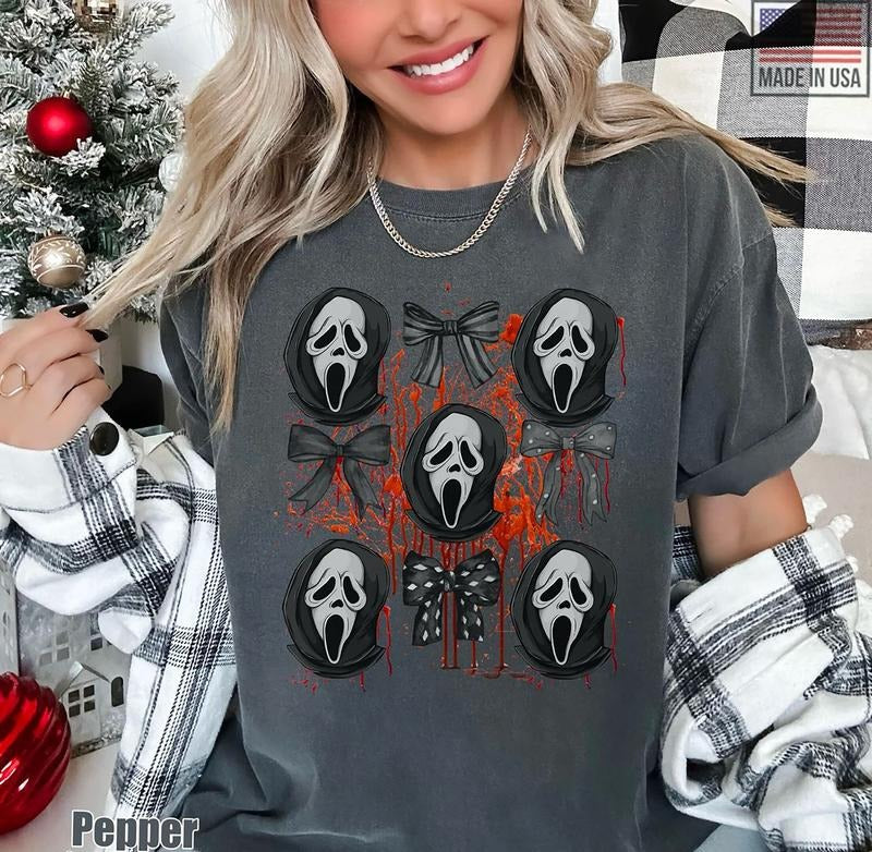 Scream Ghostface Coquette Halloween Shirt, Scream Horror Movie Sweater, Horror Halloween Coquette Bow Sweatshirt, Scary...