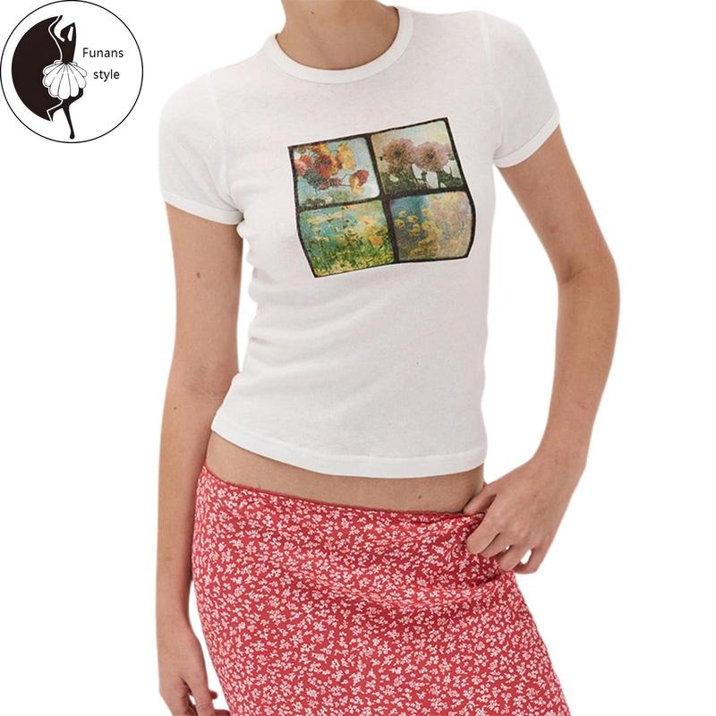 Women's Crew Neck Tops Short Sleeve Floral/Sea Wave Print Baby Tees Hoodie, Sweatshirt | WearSparks.com
