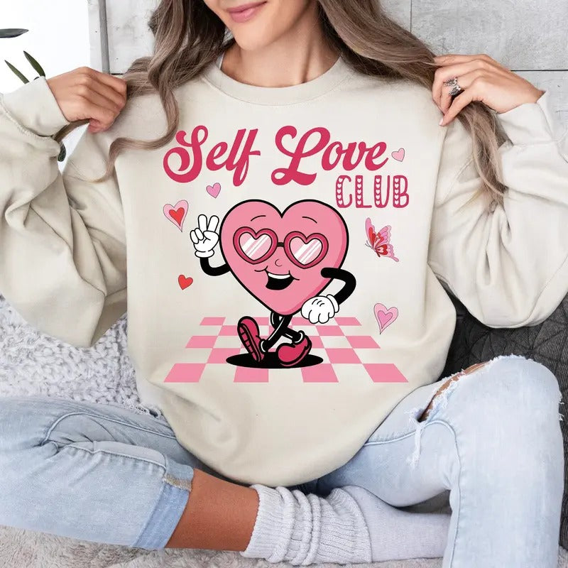 Self Love Club Sweatshirt, Groovy Valentine's Day T-Shirt, Retro XOXO Valentine's Crewneck, Trendy V-Day Clothing Hoodie