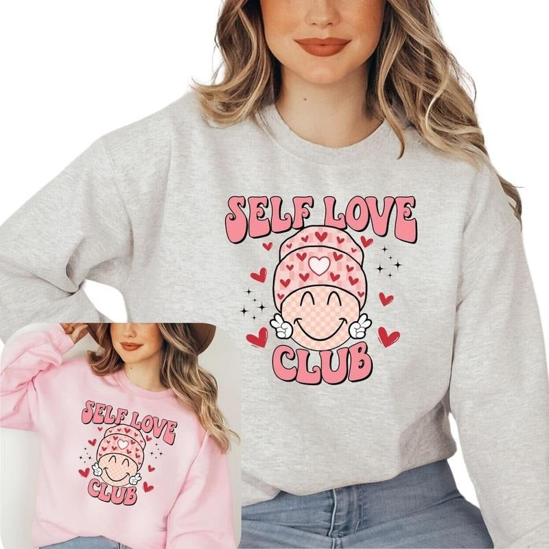 Self Love Club Valentines Sweatshirt, Cute Retro Groovy Hearts Valentines T-Shirts, Hoodie | WearSparks.com