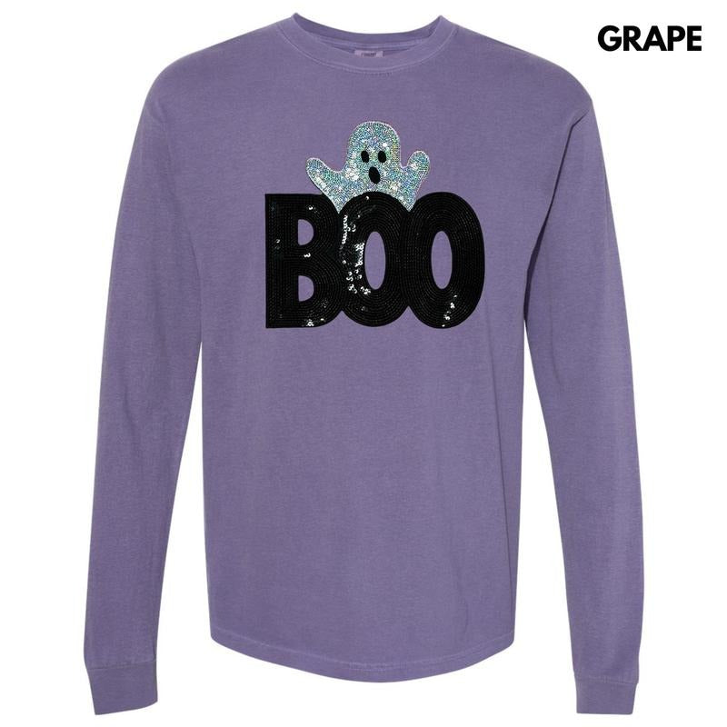 Sequin Boo Ghost Patch Long Sleeve Comfort Colors T-Shirt Hoodie, Sweatshirt | WearSparks.com