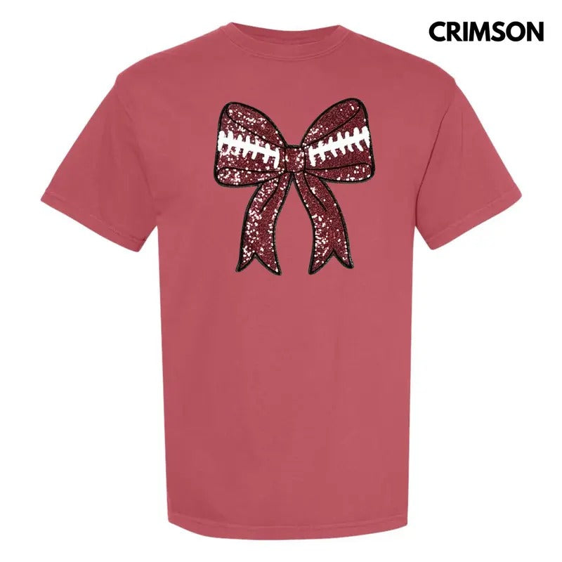 Sequin Football Bow Patch Comfort Colors T-Shirt Hoodie, Sweatshirt | WearSparks.com