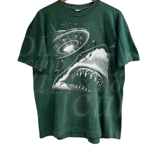 Shark Selfie With Ufo Vintage 90s Style T-Shirt, Unisex Retro Funny Shark Graphic Tee, Alien Gag Adult Shirt,Ocean Tee,...