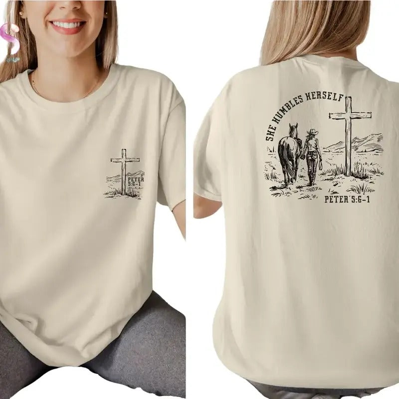 She Humbles Herself Peter 5:6-1 Bible Verse T-Shirt, Christian Country Shirt, Cowgirl Retro Western Tee Shirt Cotton Top...