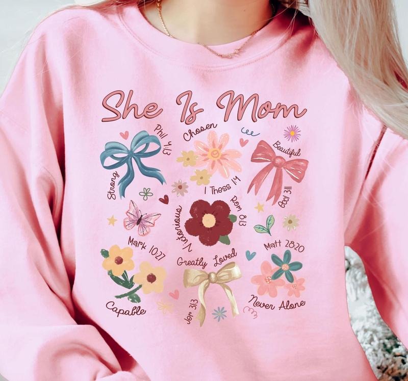 She Is Mom Shirt Coquette Praying Mama Shirts Religious Mom Sweatshirt Floral Mother's Day T-shirtblessed Mom Bow...