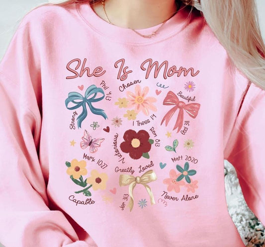 She Is Mom Shirt Coquette Praying Mama Shirts Religious Mom Sweatshirt Floral Mother's Day T-shirtblessed Mom Bow...
