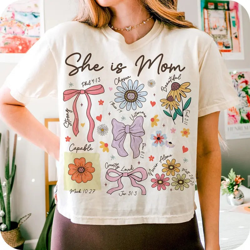 She Is Mom Shirt, Christian Mama Tee, Boho Floral Mom Sweatshirt, Wildflower Mother's Day Gift, Bible Verse Inspirational...