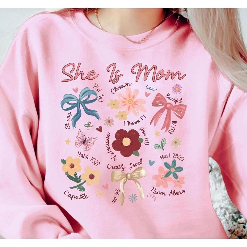 She Is Mom Shirt, Coquette Praying Mama Shirts, Religious Mom Sweatshirt, Floral Mother's Day T-Shirt,Blessed Mom Bow...