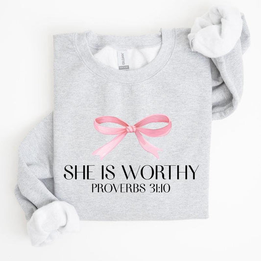 She Is Worthy Sweatshirt, Bible Verse Sweatshirt, Bow Pink Sweatshirt, Proverbs Sweatshirt, Trendy Sweatshirt T-Shirts,...