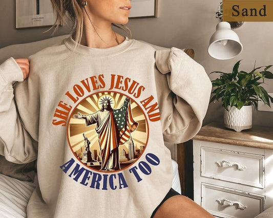 She Loves Jesus And America Too- Fourth Of July Shirt Gift Women-Patriotic Christian Shirt-Independence Day Tees-Election...