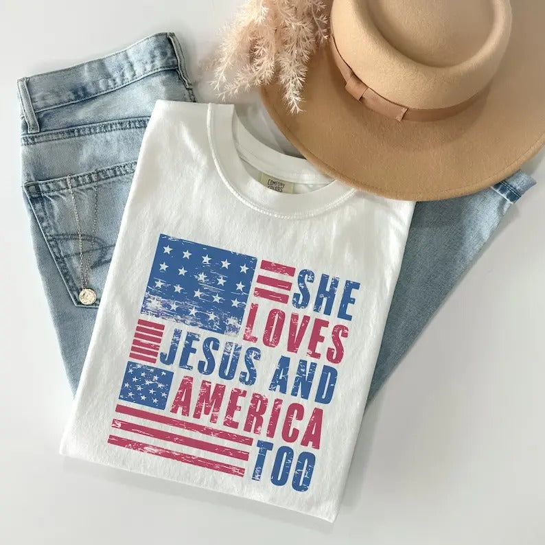 She Loves Jesus And America Too Retro Shirt, Vintage 4th Of July Shirts, Women's 4th Of July Shirt,Retro Independence Day...