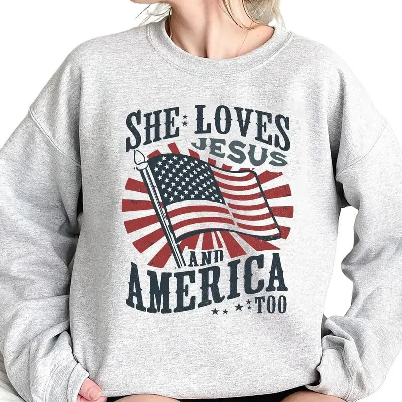 She Loves Jesus And America Too Sweatshirt Hoodie, USA Independence Day Shirt, 4th of July Shirt, America Retro...