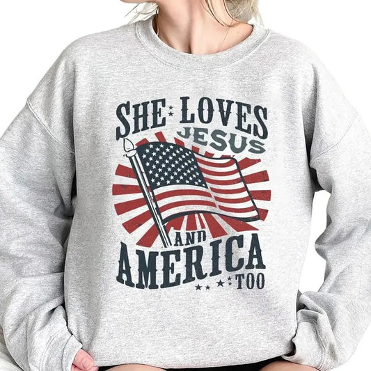 She Loves Jesus And America Too Sweatshirt Hoodie, USA Independence Day Shirt, 4th of July Shirt, America Retro...