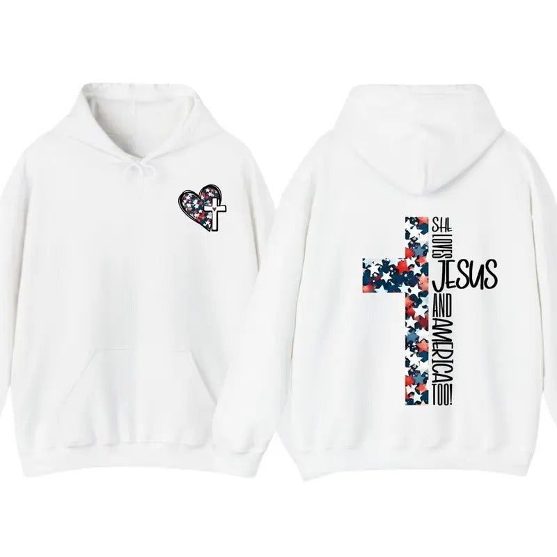 She Loves Jesus And America Too T-Shirt, 4th Of July Hoodie Christian T-Shirt Trendy Front And Back Patriotic Tee Sweatshirt