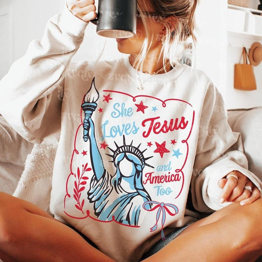 She Loves Jesus and America Too Crewneck Sweatshirt, 4th July Faith Shirt, Christian 4th of July Tee, America Needs Jesus...