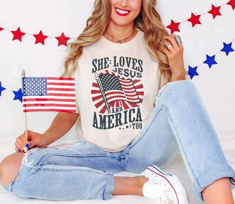 She Loves Jesus and America Too Shirt, Christian Graphic Tee, America Tshirt, 4th Of July T Shirt, Independence Day,...
