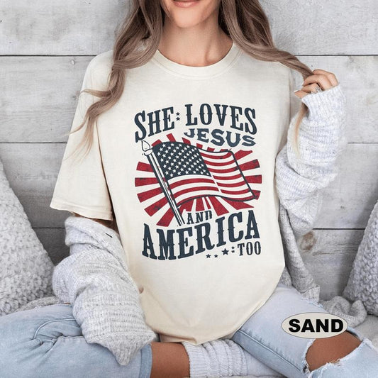 She Loves Jesus and America Too, USA 4th of July Shirt, Christian Graphic Tee, Oversized Merica Tee Hoodie, Sweatshirt