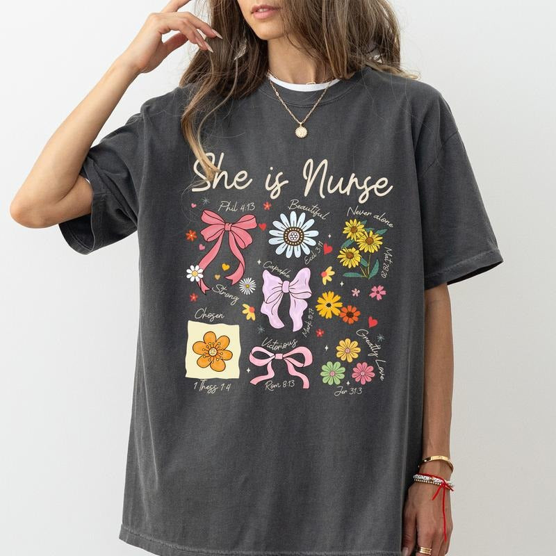 She is Nurse Comfort Colors Shirt, Wildflower Bible Verse T-shirt, Nurse Coquette Bow Clothing, Womenswear, Gift for...