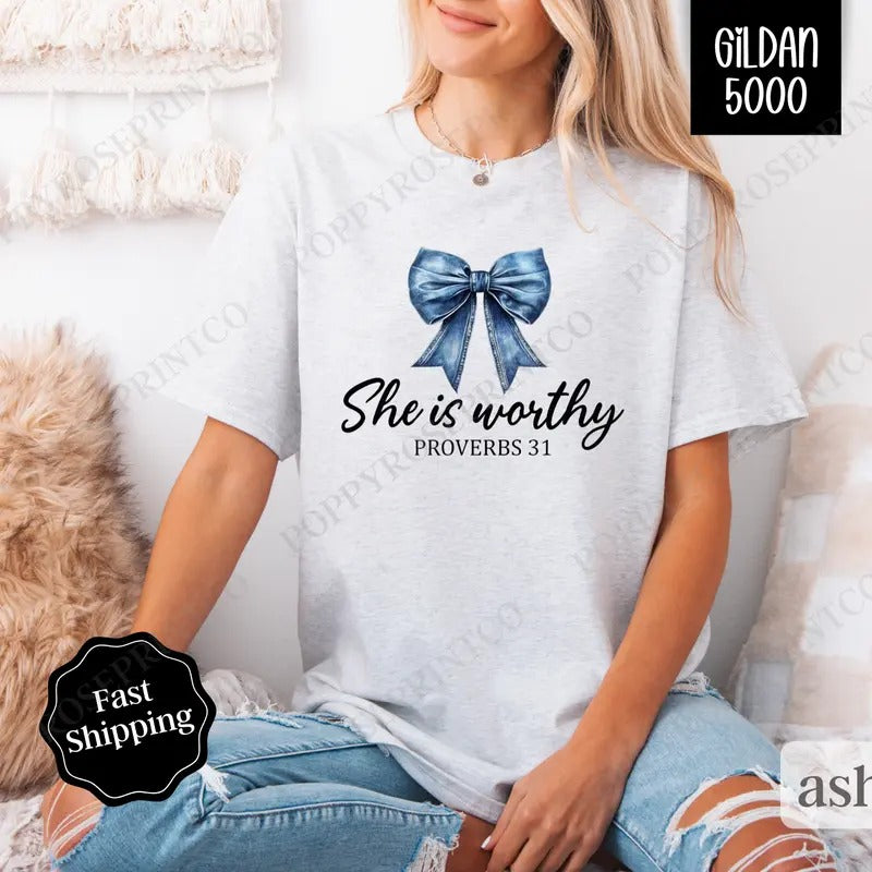 She is Worthy Jean Bow Shirt Gildan, Christian Coquette Tee, Trendy Women's Tshirt Plus Sizes Hoodie, Sweatshirt