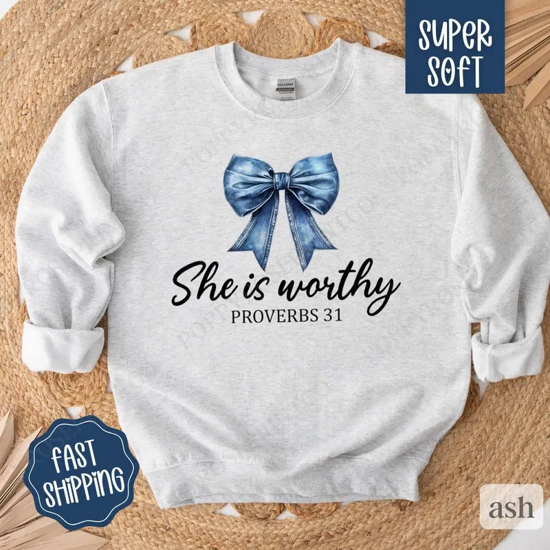 She is Worthy Jean Bow Sweatshirt, Christian Coquette Crewneck, Trendy Women's Sweater T-Shirts, Hoodie | WearSparks.com